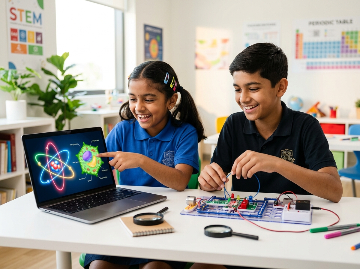Students happily exploring a science and robotics experiment